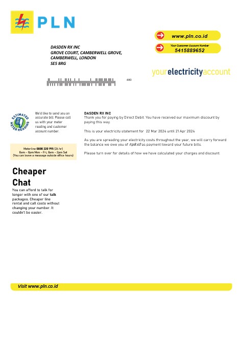 Indonesia PLN electricity business utility bill template in Word and PDF formats